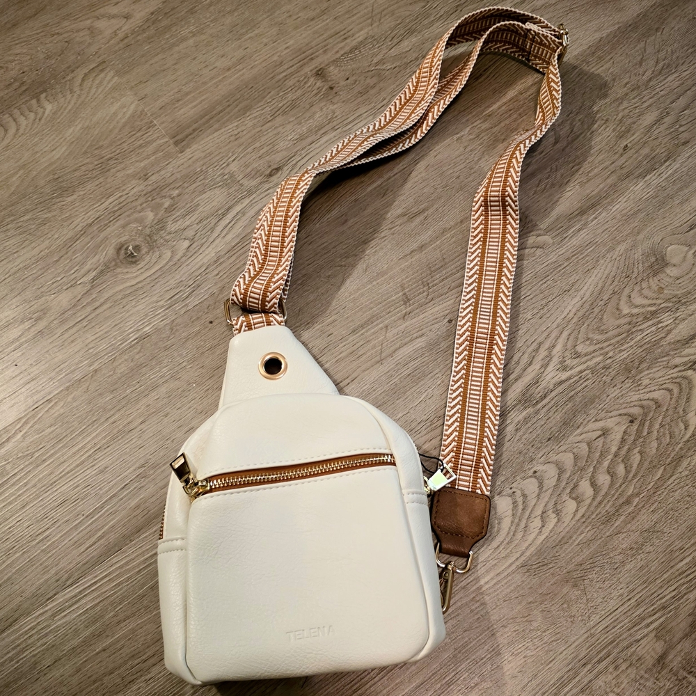 Adjustable Sling Mini Backpack Minimalist Off White W/ Brown Strap